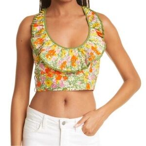 Alemais Cabana Crop Ruffle Pleat Cotton Silk Halter Top Women’s Size 2